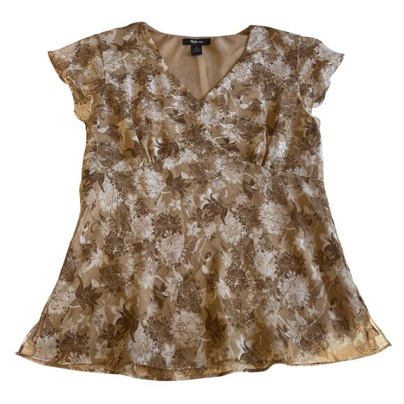 Y2K 2000s Brown Floral Baby Doll Blouse Flutter Sleeve Plus Sz 18 Boho Mesh - Picture 1 of 7